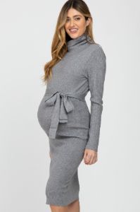 Heather Grey Ribbed Turtleneck Maternity Sweater Dress sold by Pinkblush