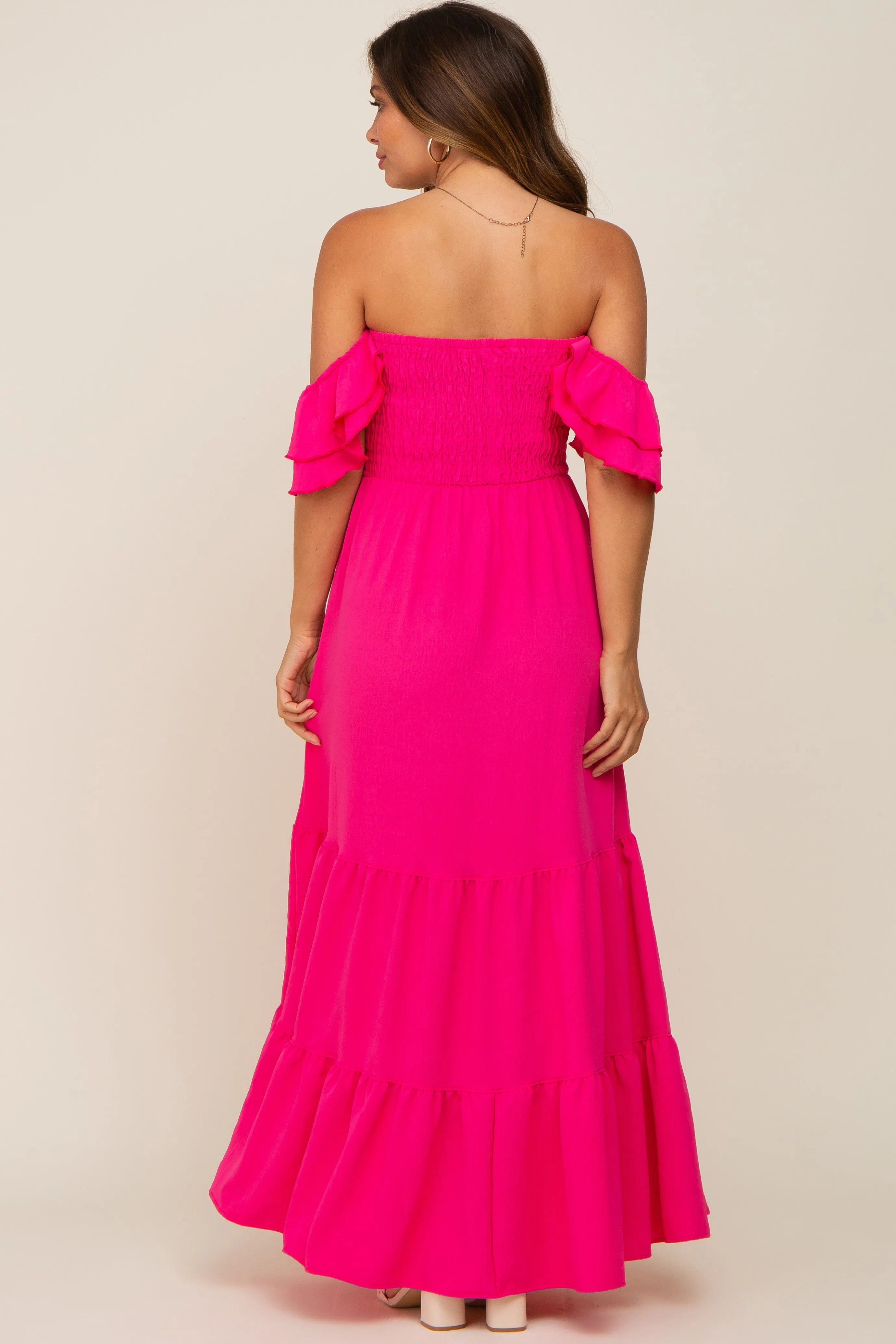 Fuchsia Smocked Ruffle Off Shoulder Tiered Maternity Maxi Dress sold by Pinkblush product image thumbnail 4