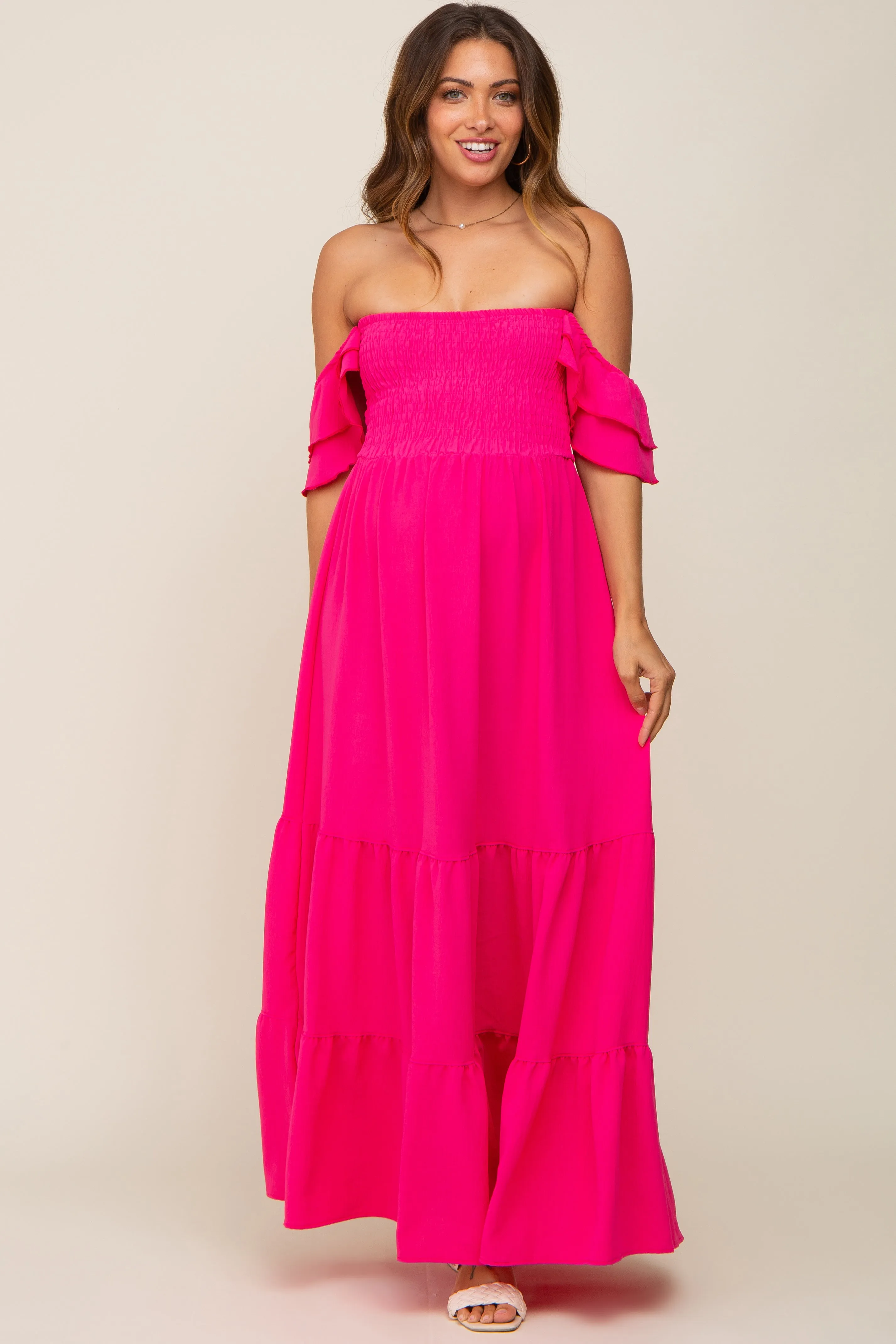 Fuchsia Smocked Ruffle Off Shoulder Tiered Maternity Maxi Dress sold by Pinkblush