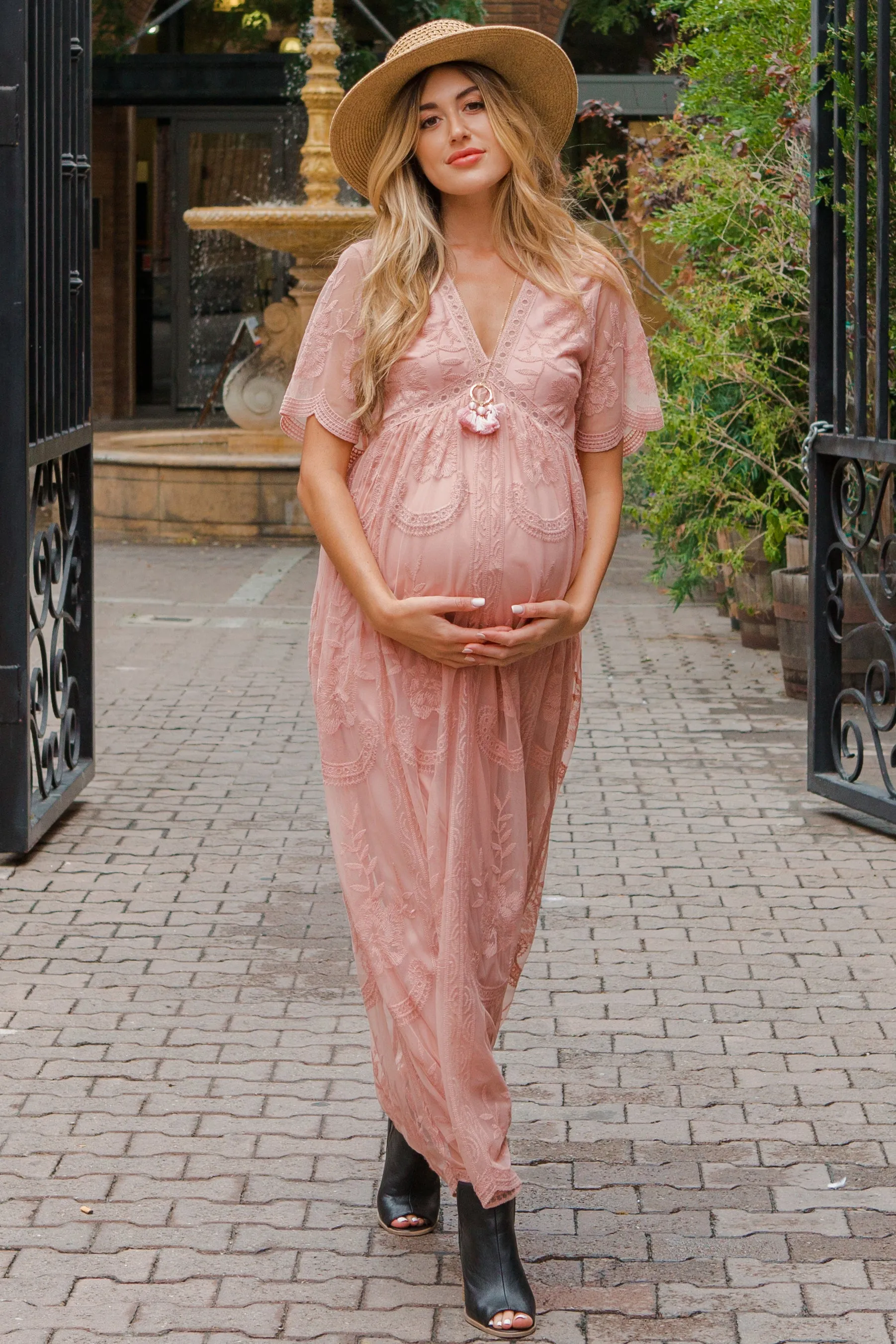 Light Pink Lace Mesh Overlay Maternity Maxi Dress sold by Pinkblush product image thumbnail 4
