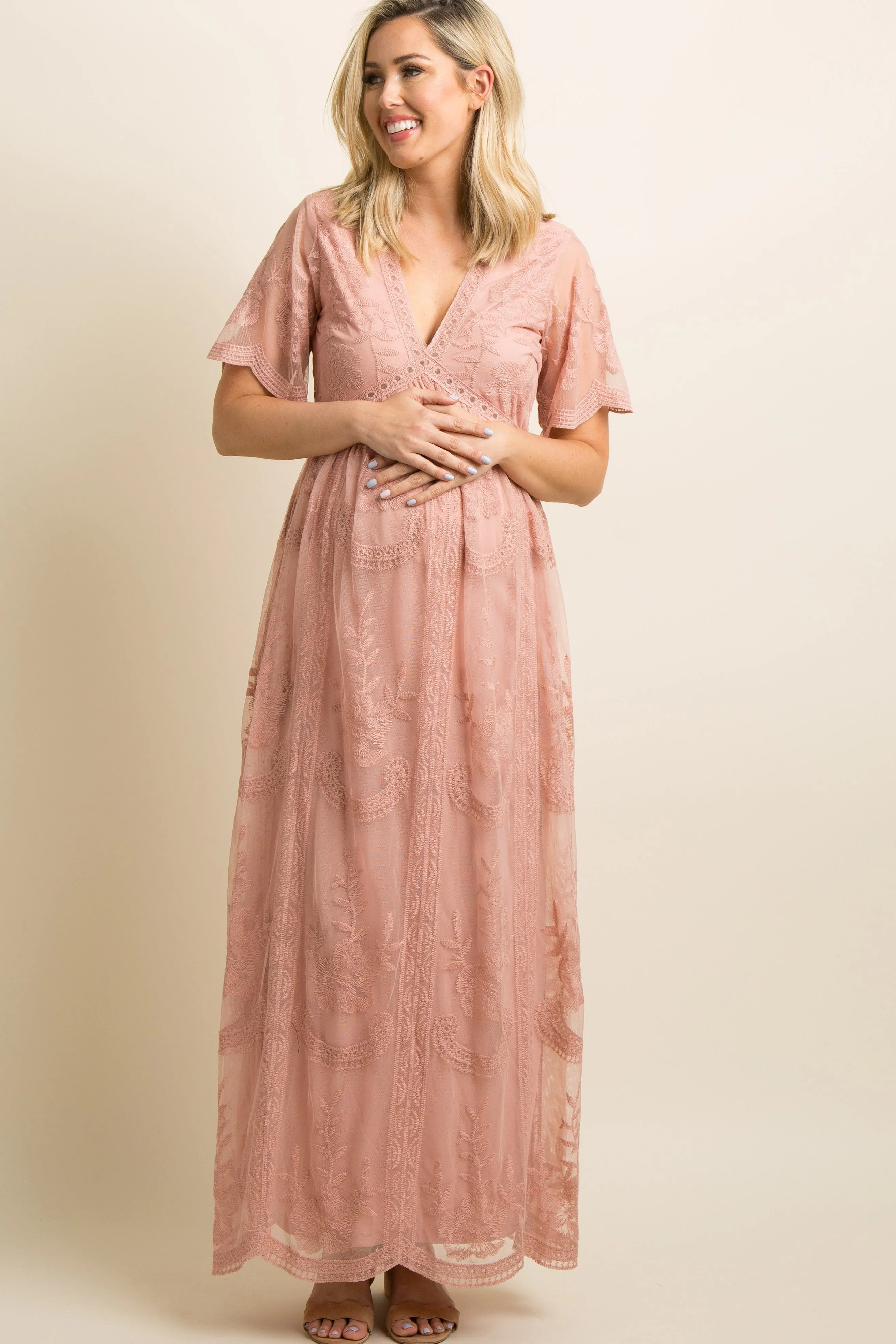 Light Pink Lace Mesh Overlay Maternity Maxi Dress sold by Pinkblush