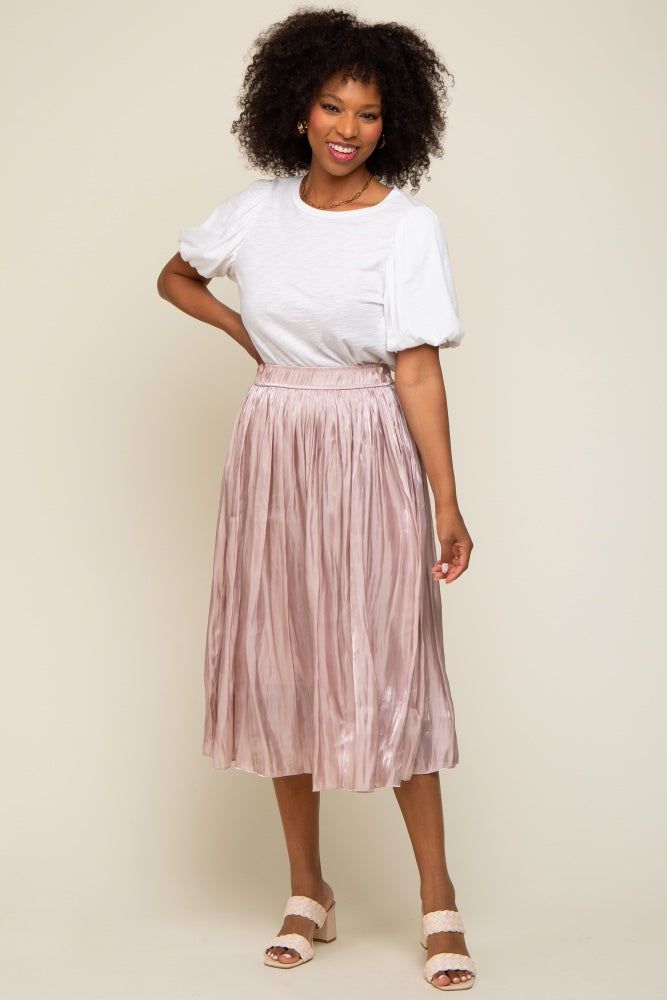 Light Pink Pleated Shimmer Satin Midi Skirt sold by Pinkblush