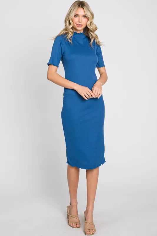 Blue Ribbed Mock Neck Fitted Midi Dress sold by Pinkblush
