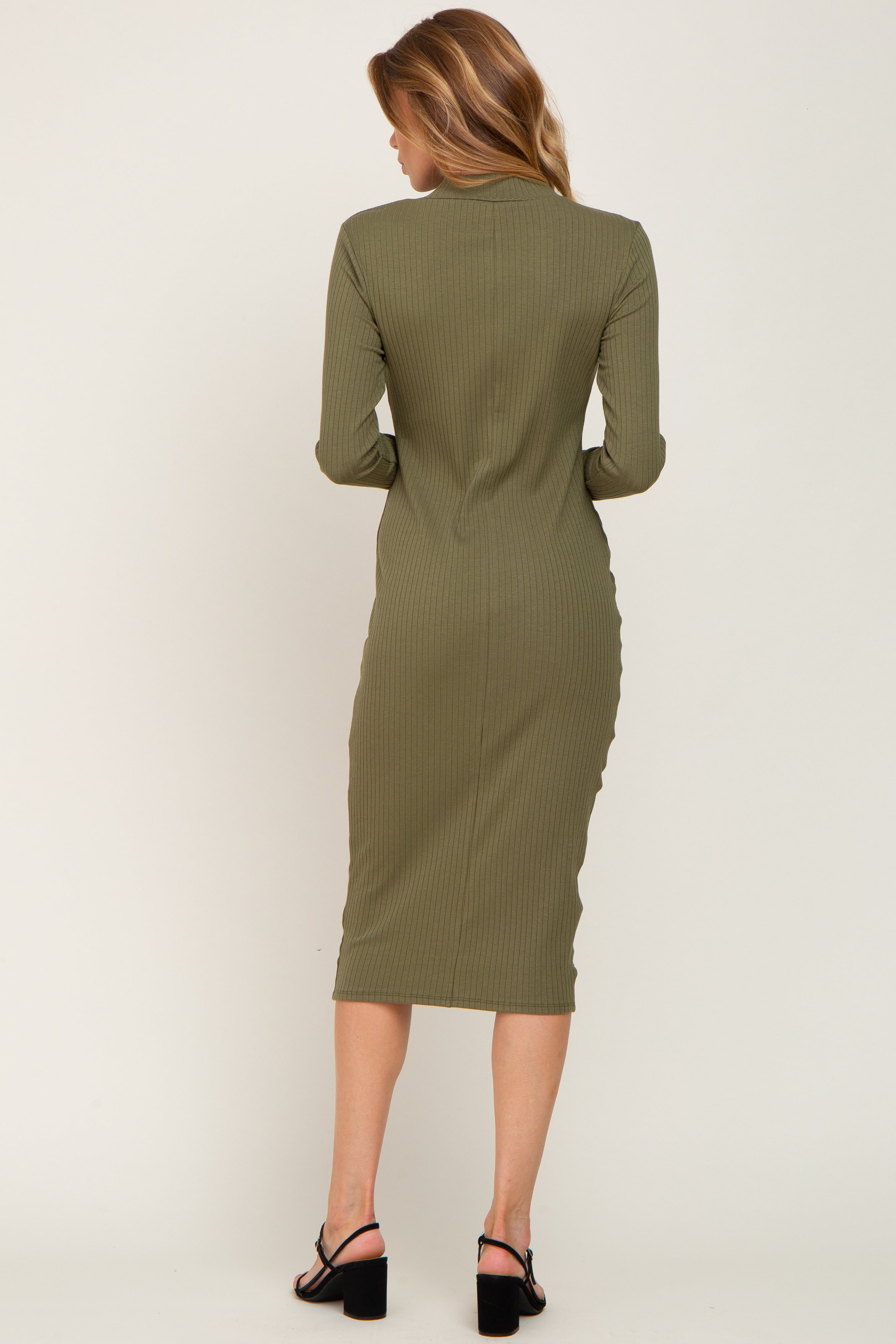 Olive Ribbed Long Sleeve Mock Neck Midi Dress sold by Pinkblush product image thumbnail 3