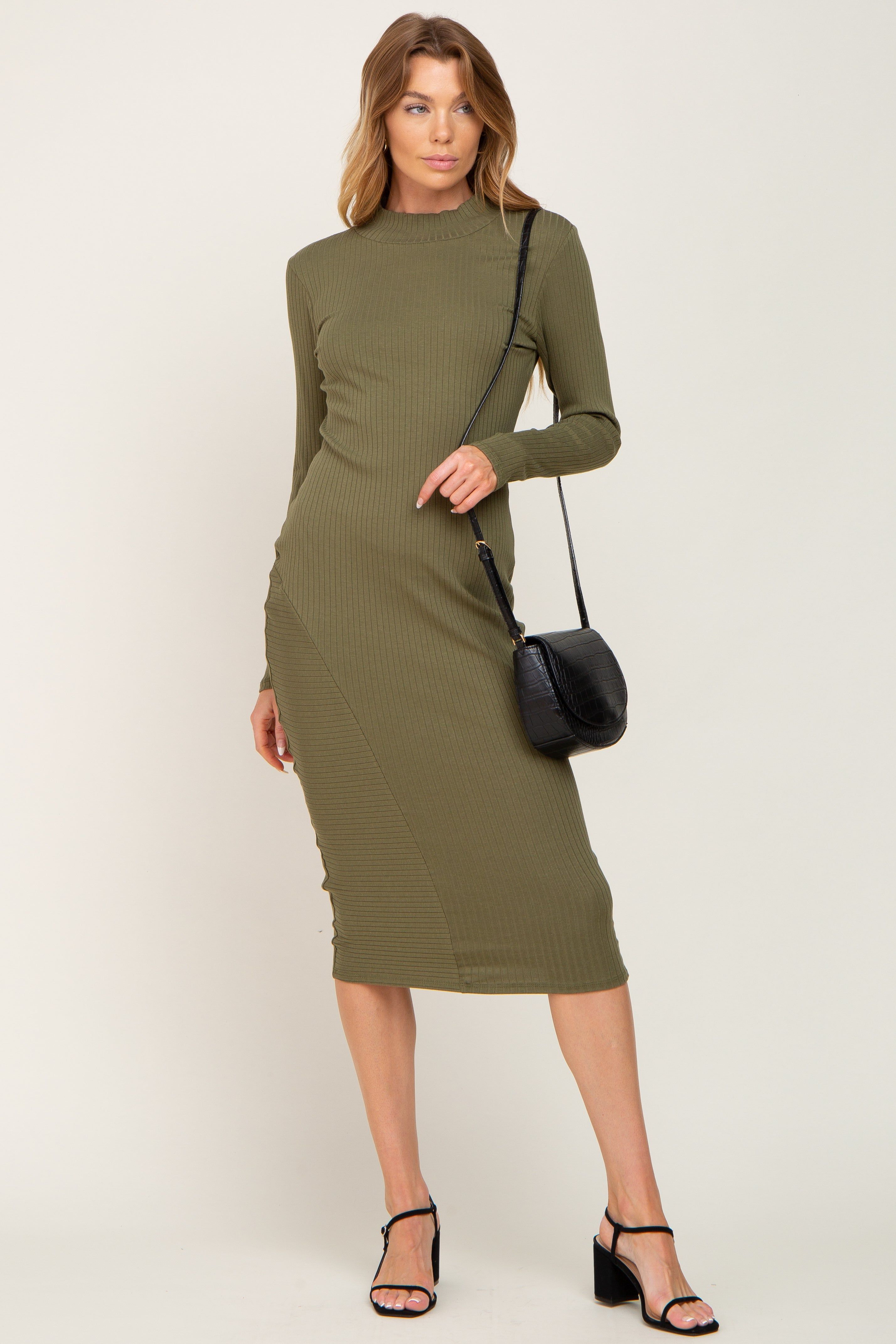 Olive Ribbed Long Sleeve Mock Neck Midi Dress sold by Pinkblush