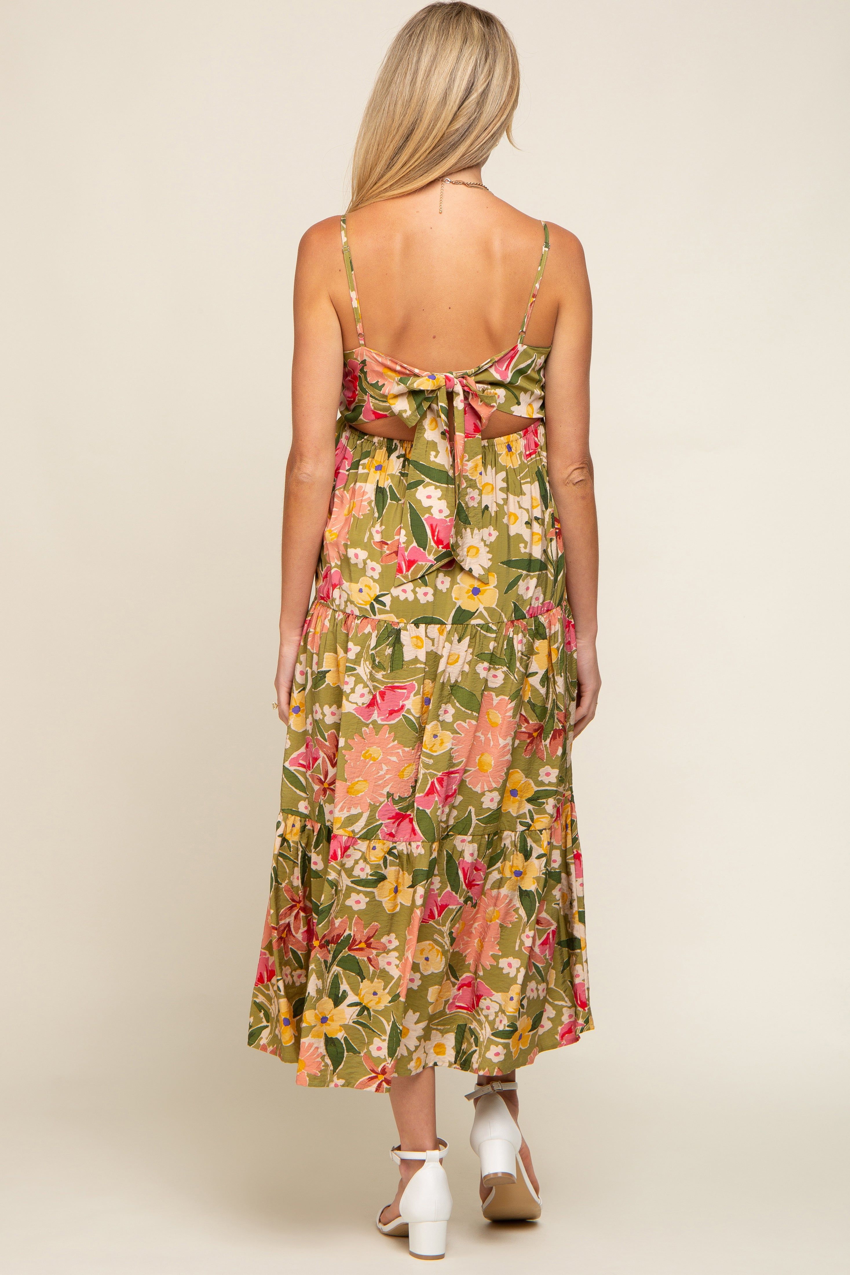 Light Olive Floral Tiered Maternity Midi Dress sold by Pinkblush product image thumbnail 3