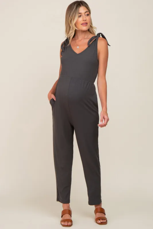 Charcoal Tie Strap Maternity Jumpsuit sold by Pinkblush