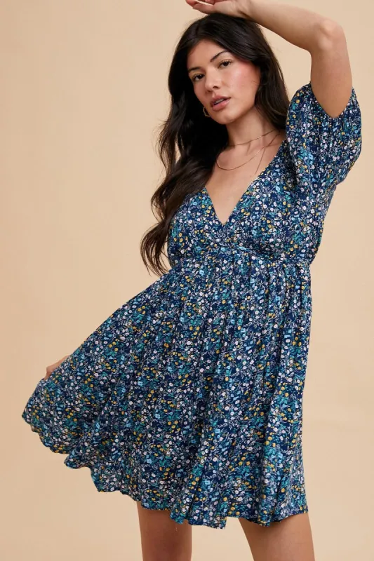 Navy Blue Floral V-Neck Cutout Back Dress sold by Pinkblush