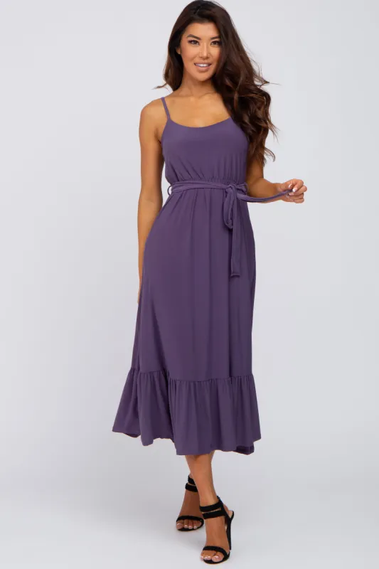 Purple Waist Tie Ruffle Hem Midi Dress sold by Pinkblush