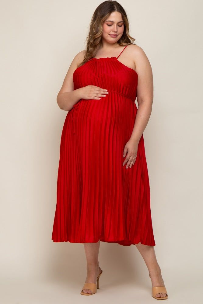 Red Pleated Sleeveless Waist Tie Maternity Plus Maxi Dress sold by Pinkblush