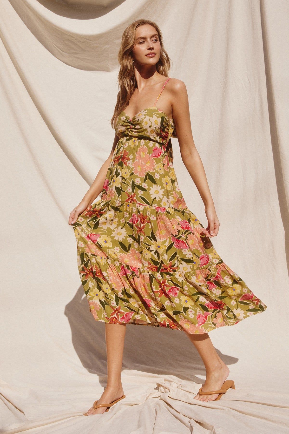 Light Olive Floral Tiered Maternity Midi Dress sold by Pinkblush product image thumbnail 4