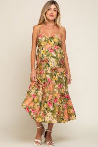Light Olive Floral Tiered Maternity Midi Dress sold by Pinkblush
