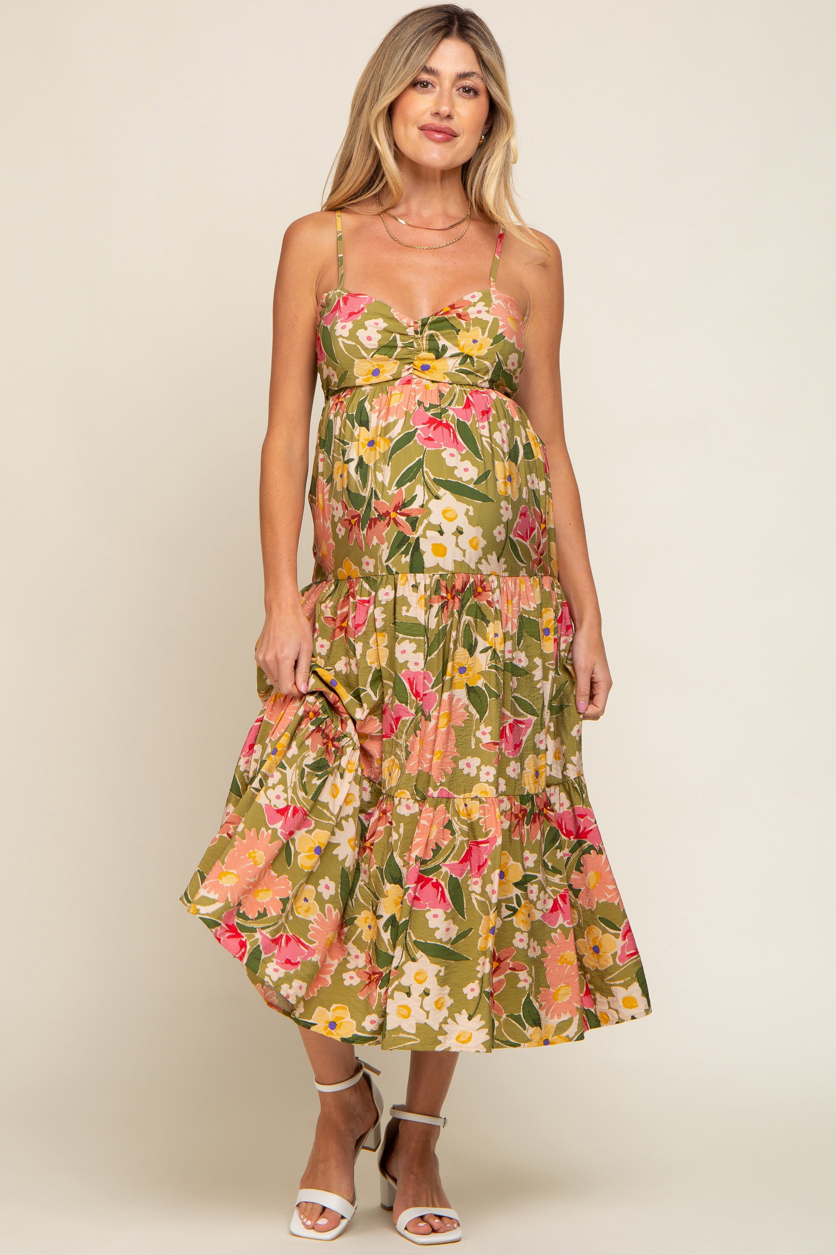 Light Olive Floral Tiered Maternity Midi Dress sold by Pinkblush