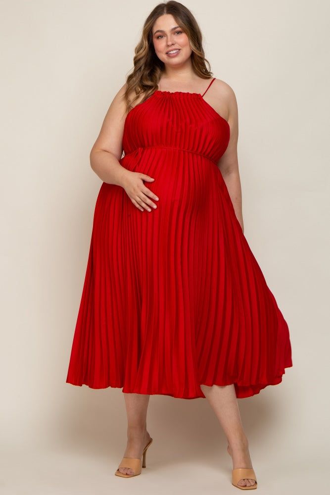 Red Pleated Sleeveless Waist Tie Maternity Plus Maxi Dress sold by Pinkblush product image thumbnail 5