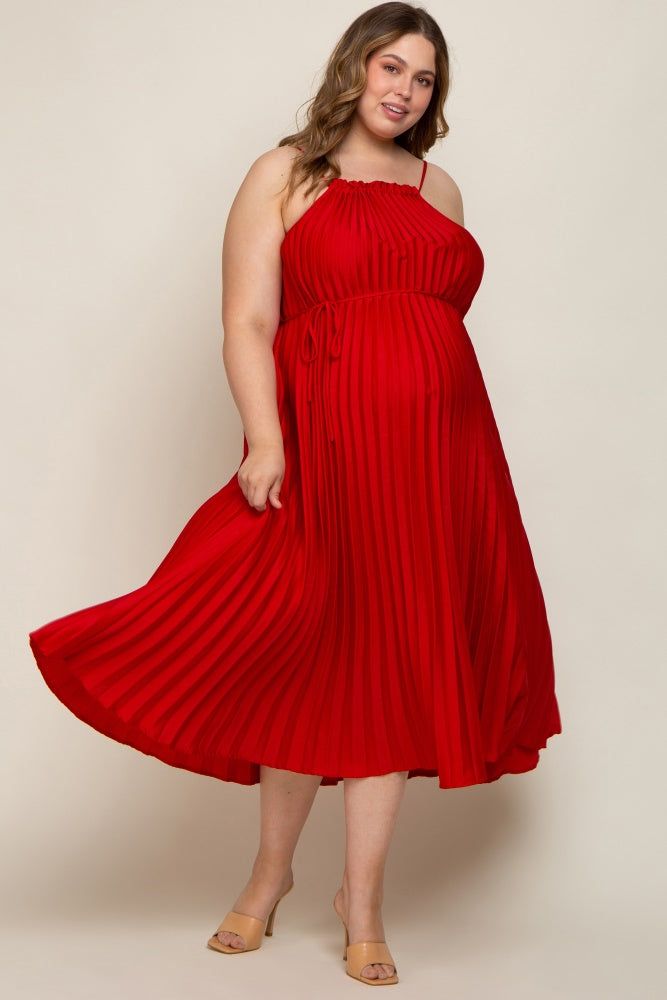 Red Pleated Sleeveless Waist Tie Maternity Plus Maxi Dress sold by Pinkblush product image thumbnail 2