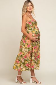 Light Olive Floral Tiered Maternity Midi Dress sold by Pinkblush