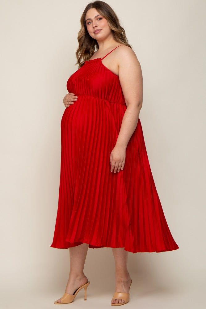 Red Pleated Sleeveless Waist Tie Maternity Plus Maxi Dress sold by Pinkblush product image thumbnail 3