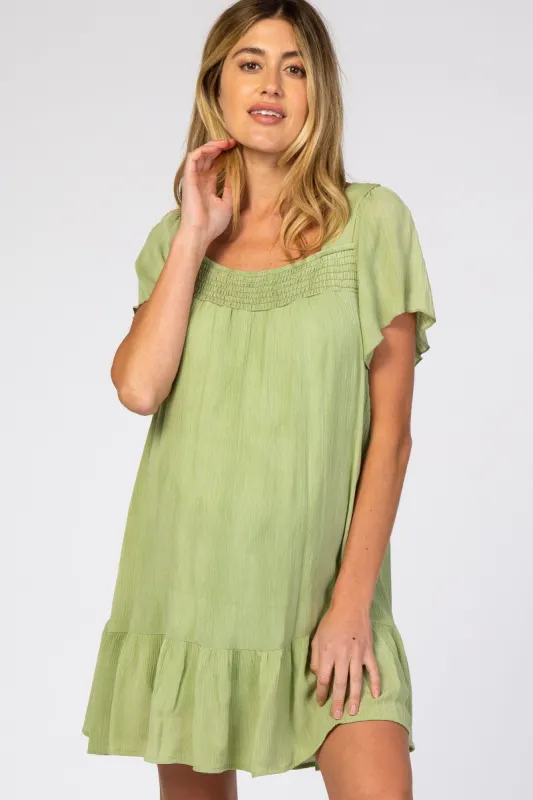 Light Olive Smocked Ruffle Maternity Dress sold by Pinkblush