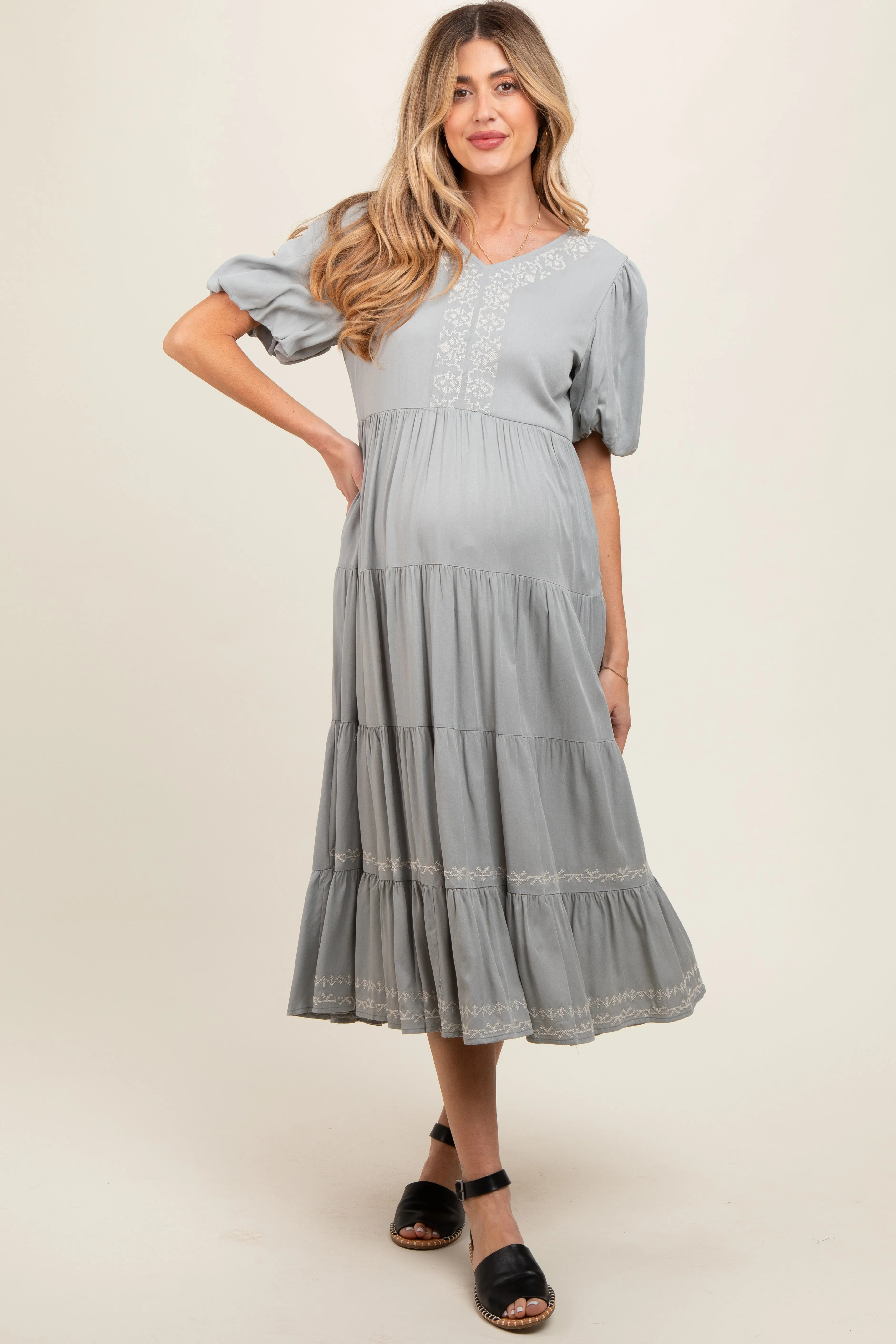 Grey Short Sleeve Tiered Maternity Dress sold by Pinkblush product image thumbnail 2