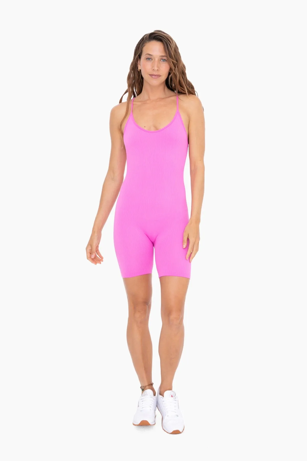 Fuchsia Ribbed Biker Short Romper sold by Pinkblush