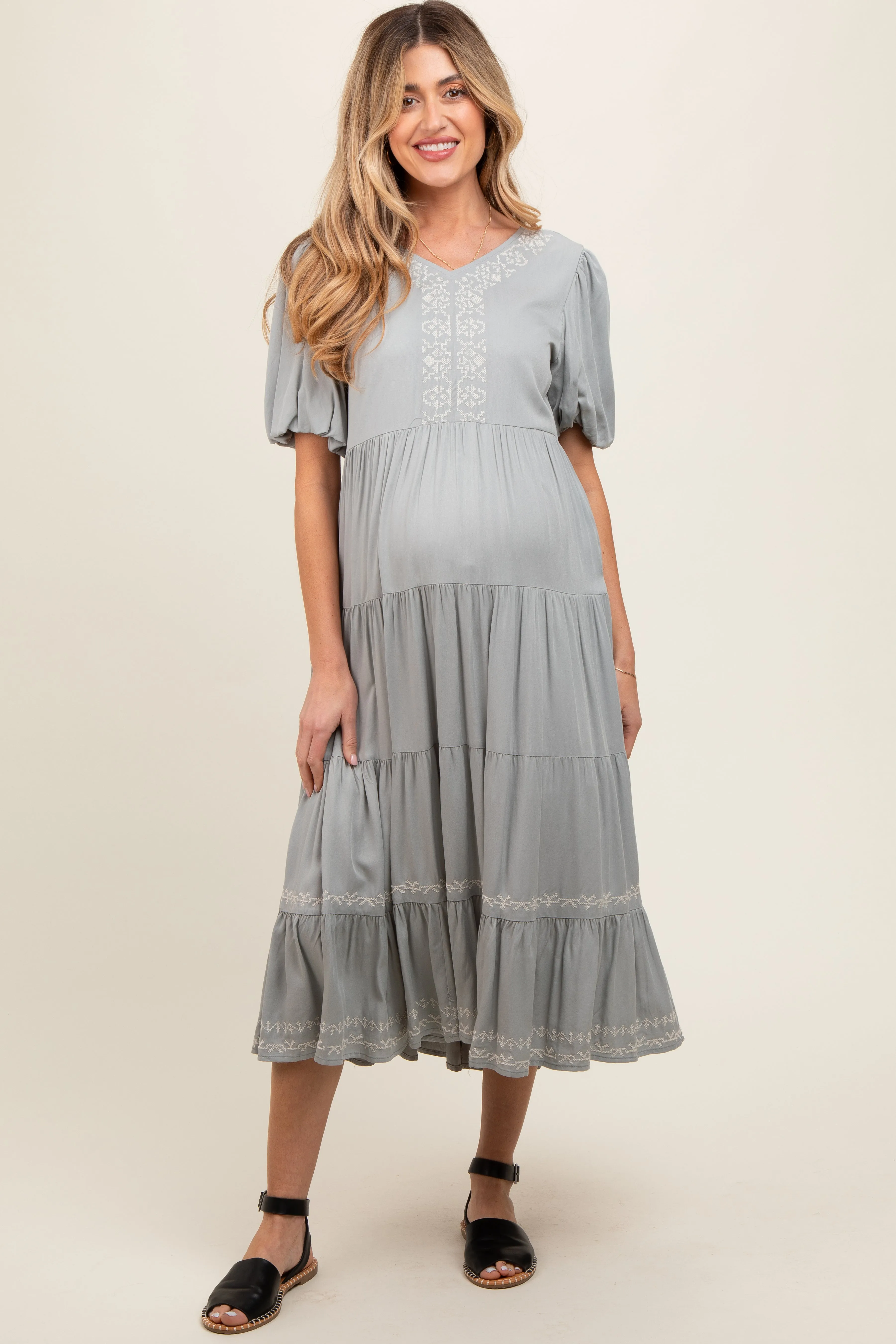 Grey Short Sleeve Tiered Maternity Dress sold by Pinkblush