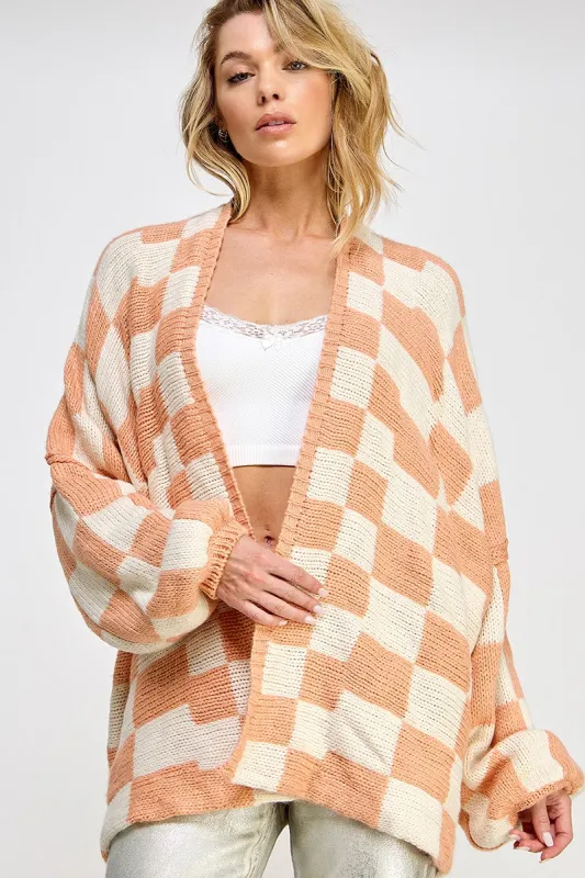 Peach Checkered Oversized Cardigan sold by Pinkblush