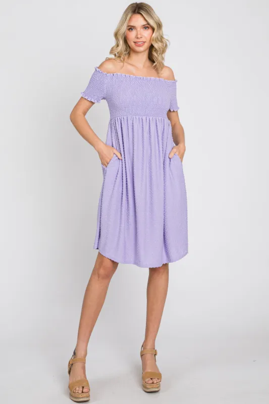 Lavender Swiss Dot Off Shoulder Dress sold by Pinkblush