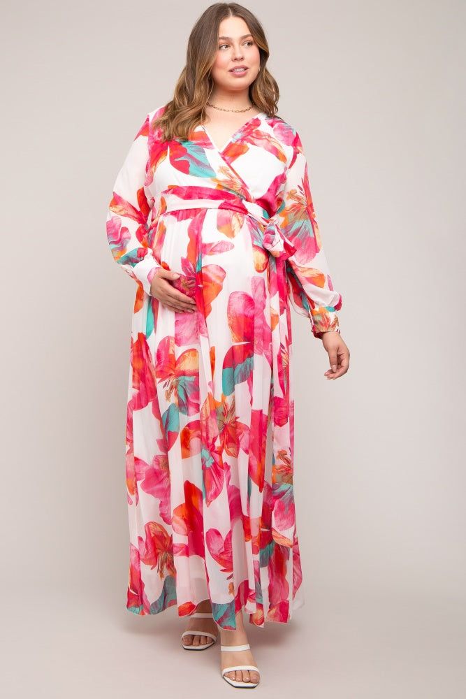 Fuchsia Floral Chiffon Maternity Plus Maxi Dress sold by Pinkblush product image thumbnail 4