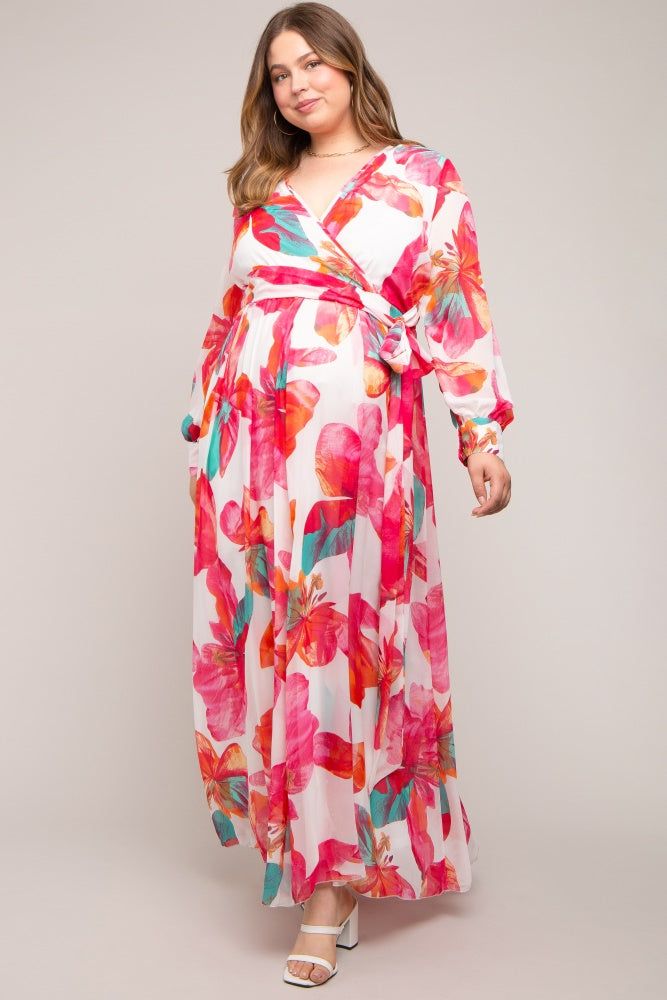 Fuchsia Floral Chiffon Maternity Plus Maxi Dress sold by Pinkblush