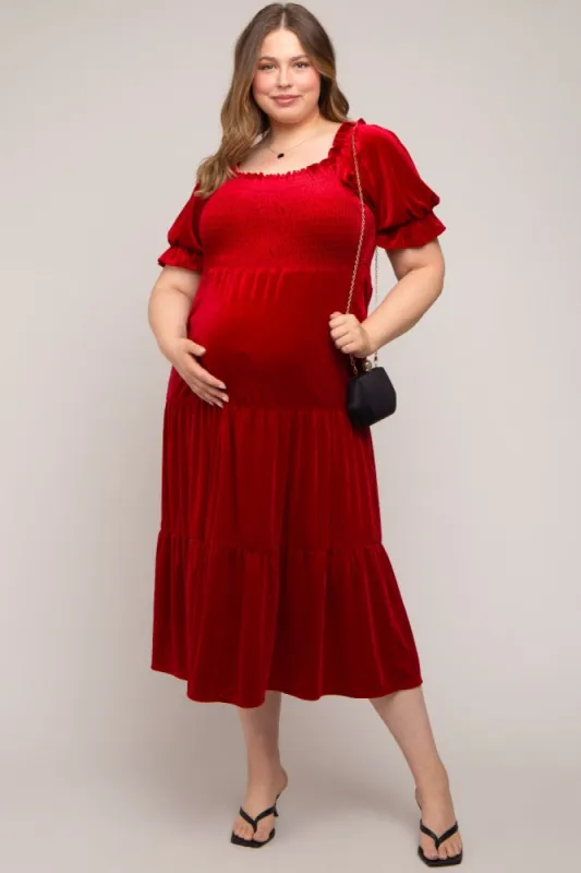 Red Velvet Tiered Maternity Plus Midi Dress sold by Pinkblush