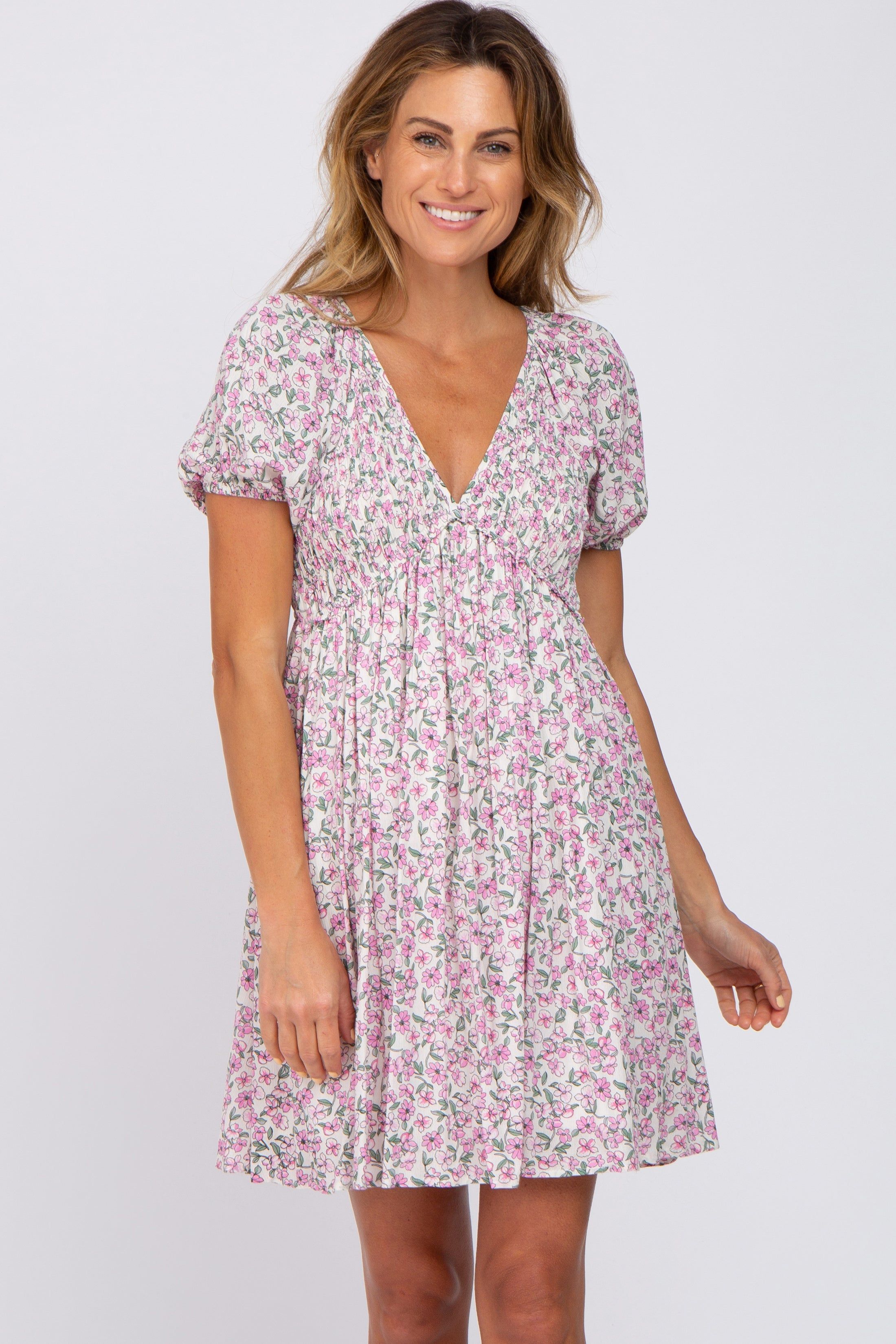 Pink Floral Smocked V-Neck Dress sold by Pinkblush product image thumbnail 2