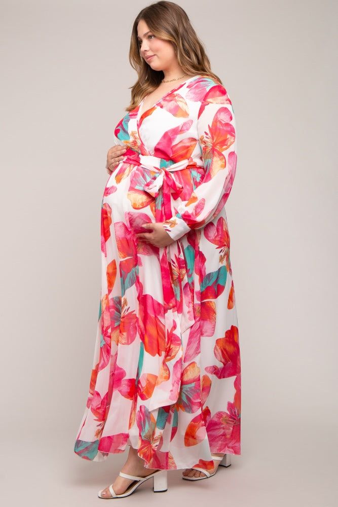 Fuchsia Floral Chiffon Maternity Plus Maxi Dress sold by Pinkblush product image thumbnail 2