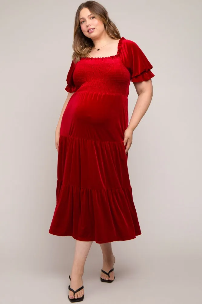 Red Velvet Tiered Maternity Plus Midi Dress sold by Pinkblush product image thumbnail 5