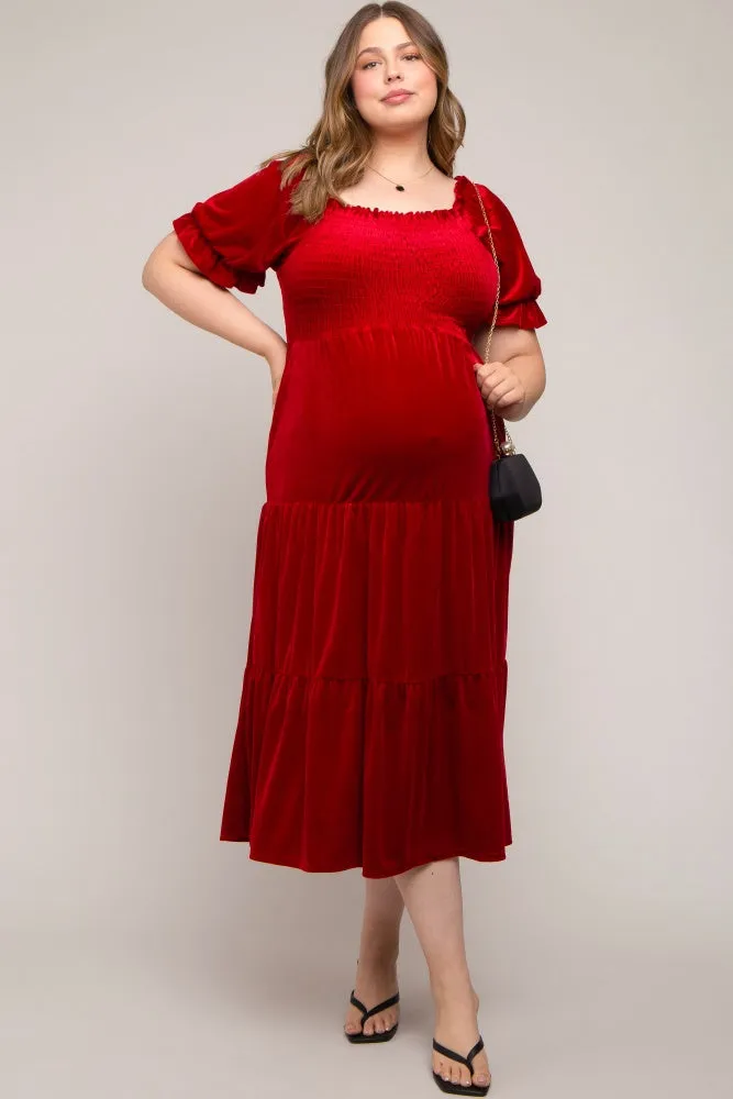Red Velvet Tiered Maternity Plus Midi Dress sold by Pinkblush product image thumbnail 2
