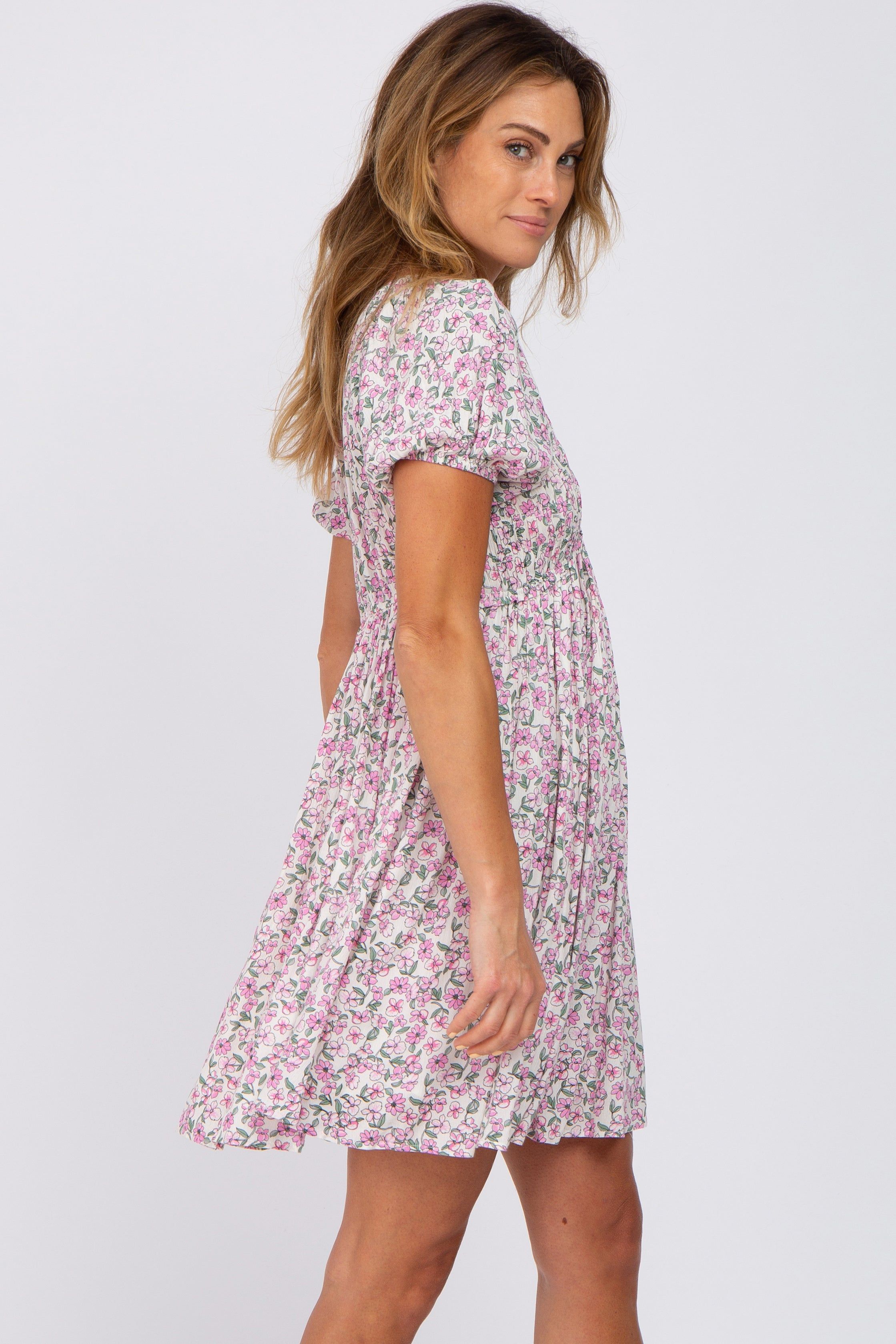 Pink Floral Smocked V-Neck Dress sold by Pinkblush product image thumbnail 3