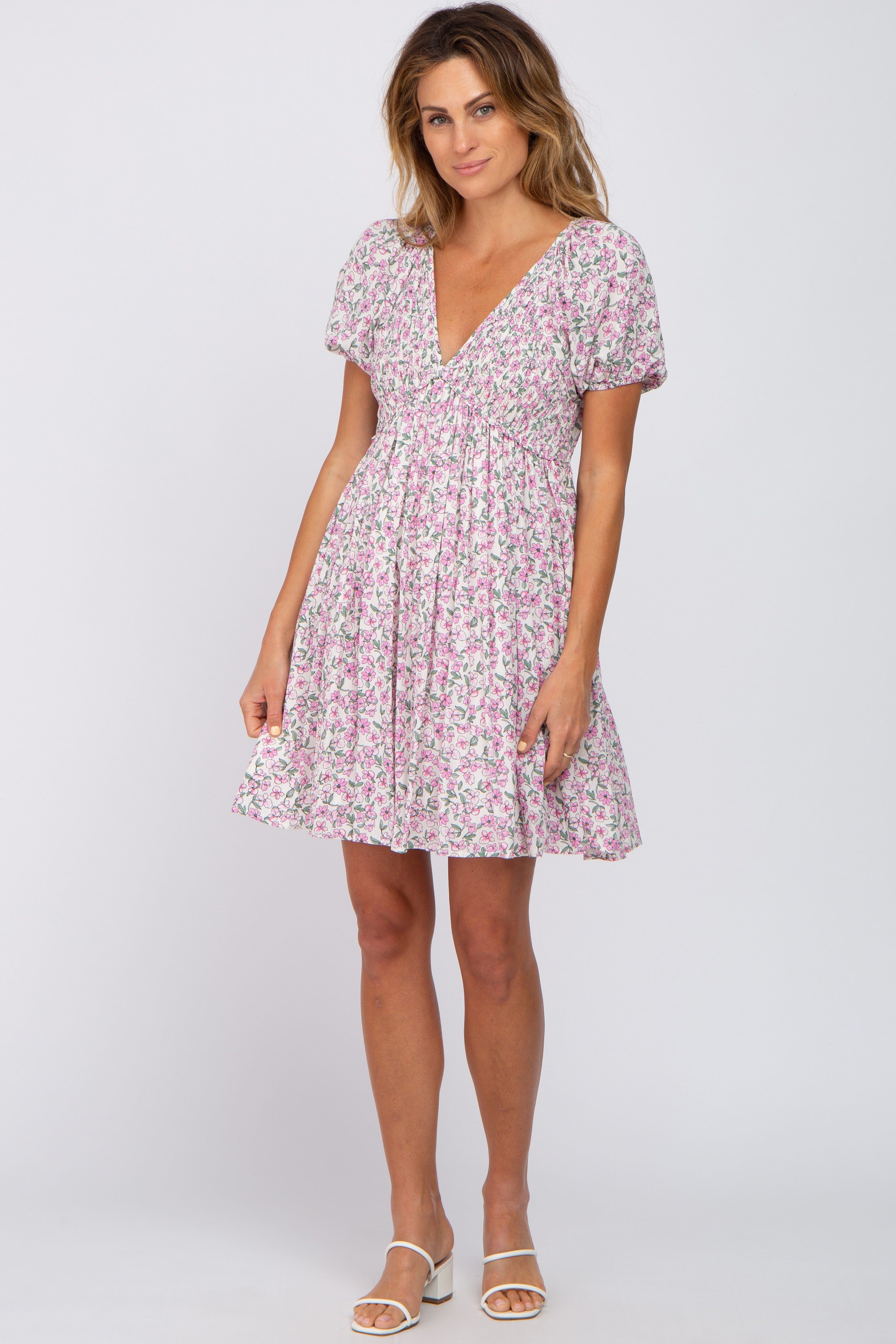 Pink Floral Smocked V-Neck Dress sold by Pinkblush