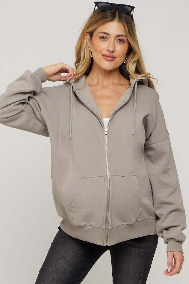 Taupe Hooded Maternity Jacket sold by Pinkblush