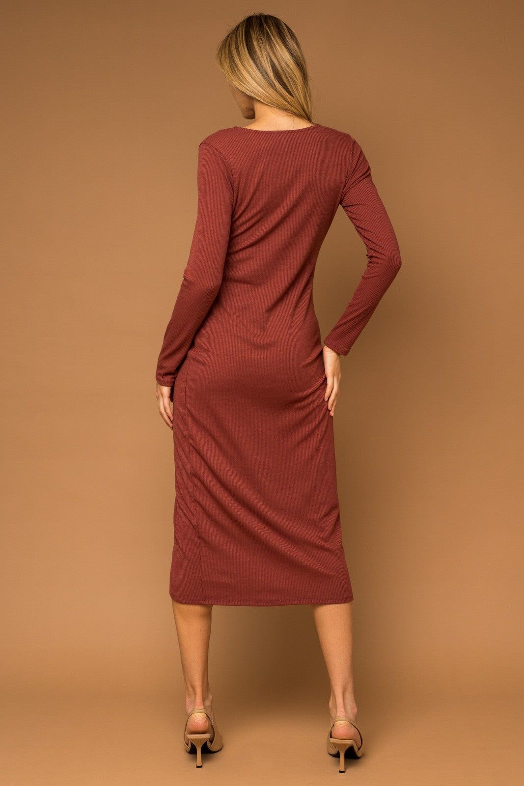 Rust Ribbed Long Sleeve Wrap Midi Dress sold by Pinkblush product image thumbnail 3
