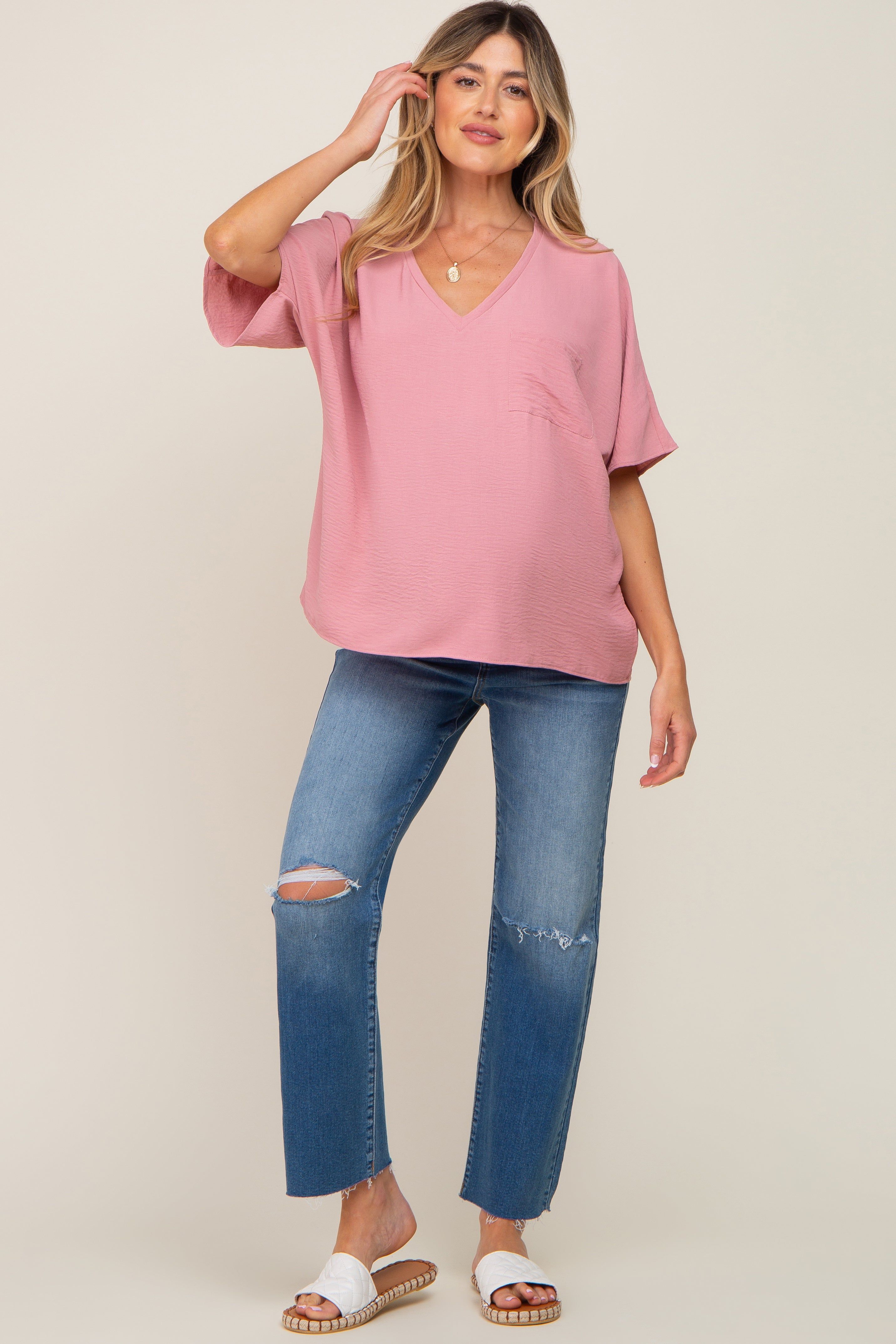 Mauve Oversized V-Neck Pocket Front Maternity Blouse sold by Pinkblush product image thumbnail 4