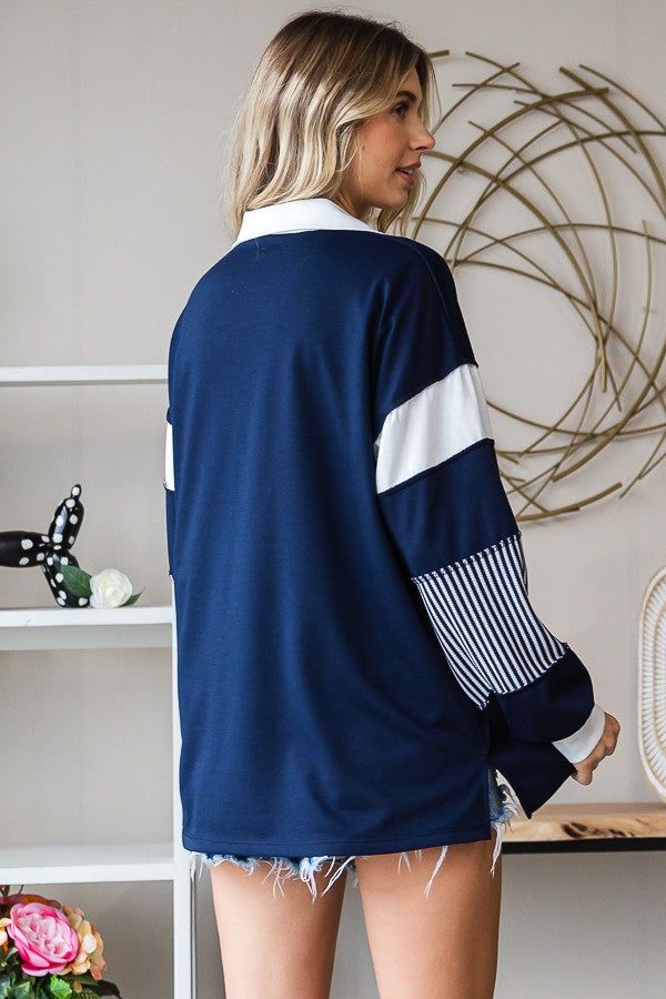 Navy Stripe Colorblock Collared Top sold by Pinkblush product image thumbnail 3