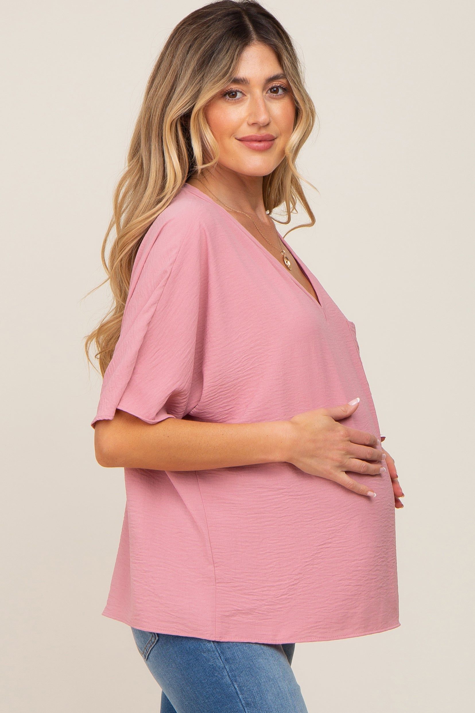 Mauve Oversized V-Neck Pocket Front Maternity Blouse sold by Pinkblush product image thumbnail 2