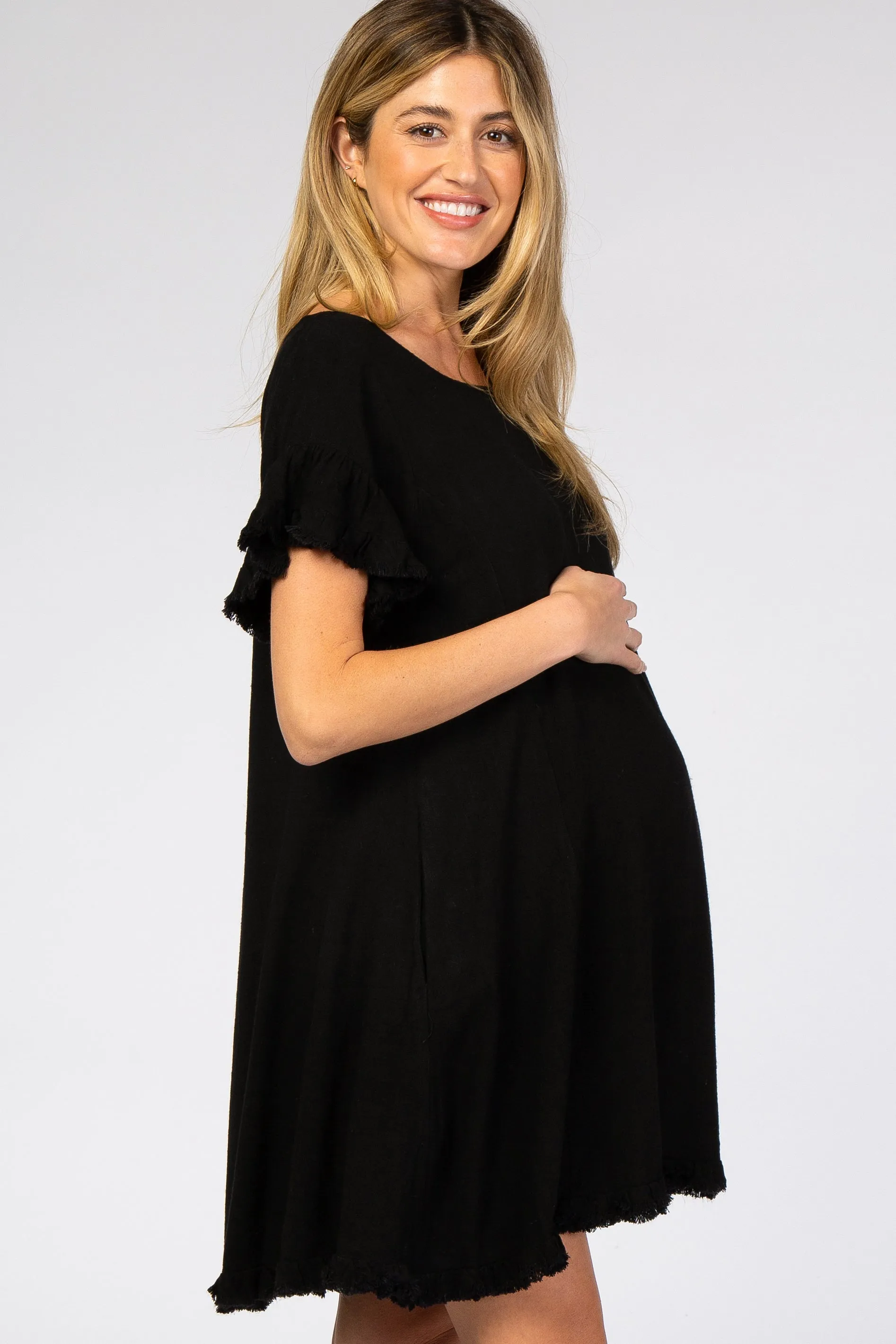Black Fringe Linen Maternity Dress sold by Pinkblush product image thumbnail 2