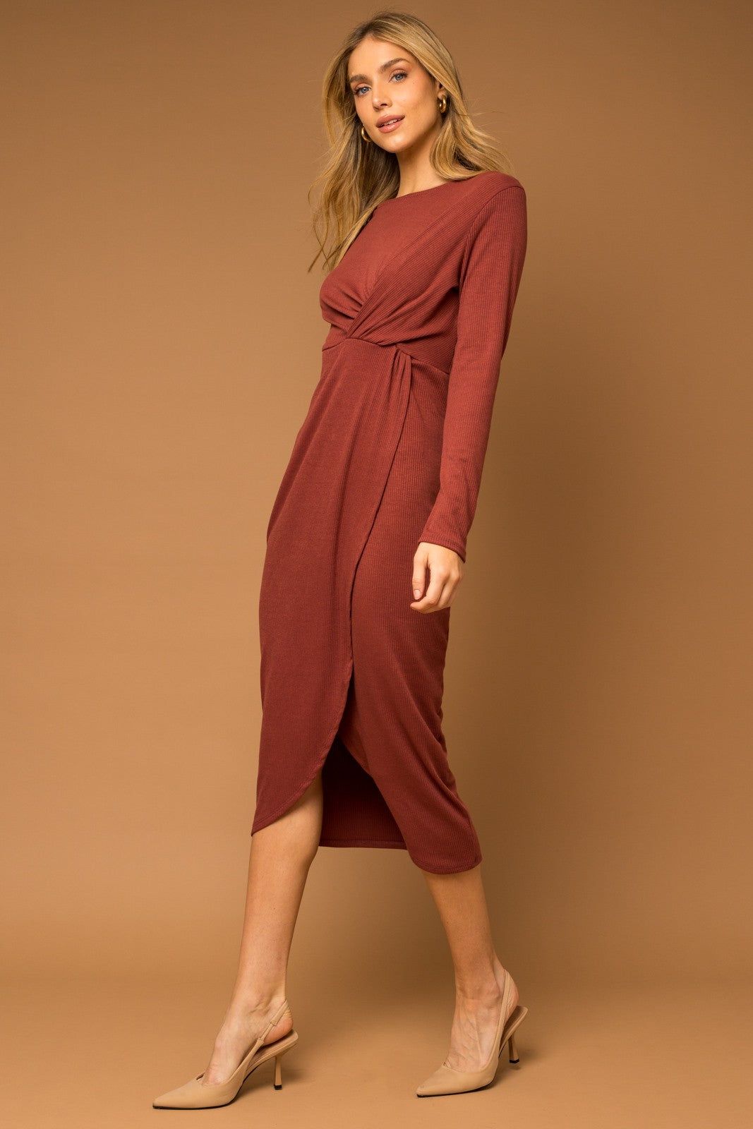 Rust Ribbed Long Sleeve Wrap Midi Dress sold by Pinkblush product image thumbnail 2