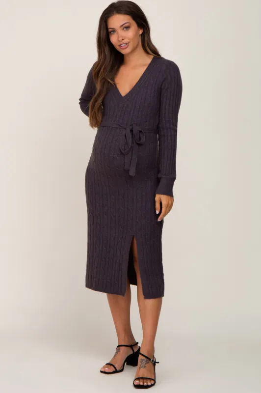 Charcoal Brushed Cable Knit Maternity Sweater Dress sold by Pinkblush