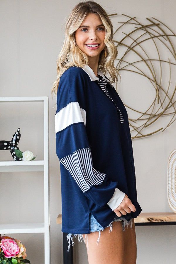 Navy Stripe Colorblock Collared Top sold by Pinkblush product image thumbnail 2
