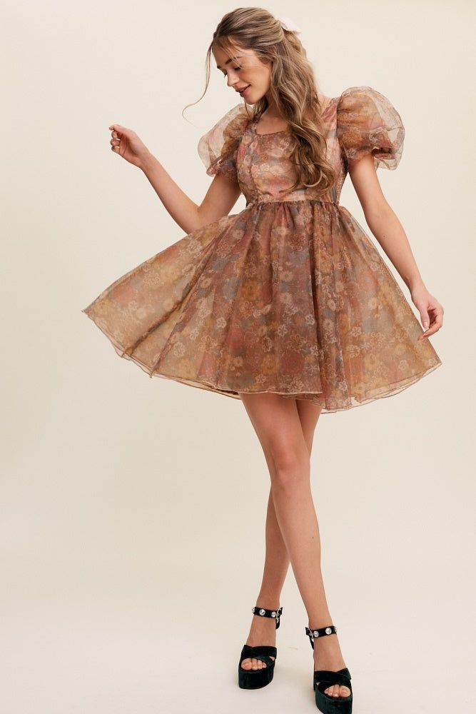Light Brown Floral Print Organza Balloon Sleeve Mini Dress sold by Pinkblush product image thumbnail 4