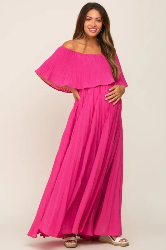 Fuchsia Pleated Layered Off Shoulder Maternity Maxi Dress sold by Pinkblush