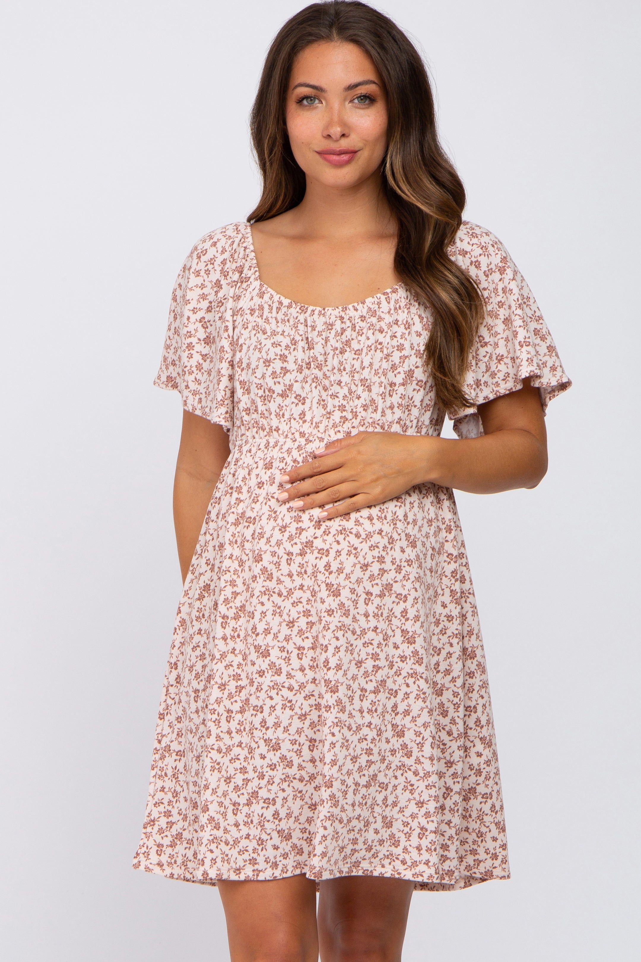 Cream Floral Short Sleeve Maternity Dress sold by Pinkblush