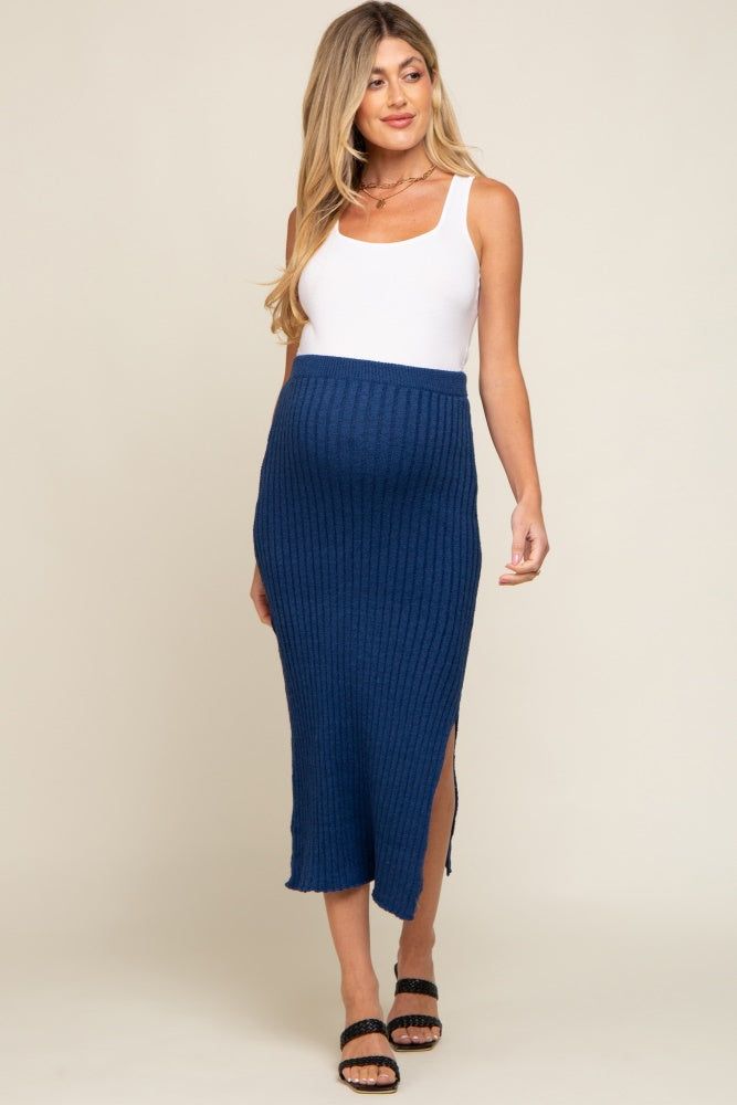 Navy Blue Ribbed Side Slit Sweater Maternity Midi Skirt sold by Pinkblush product image thumbnail 5