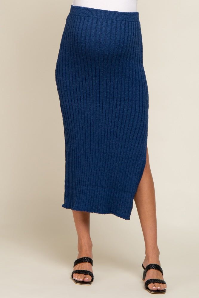 Navy Blue Ribbed Side Slit Sweater Maternity Midi Skirt sold by Pinkblush product image thumbnail 2